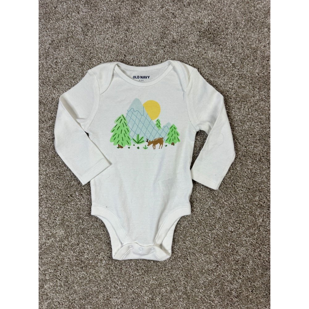 Old Navy Baby Long Sleeve Bodysuit Cream Mountain Deer Graphic 6-12M